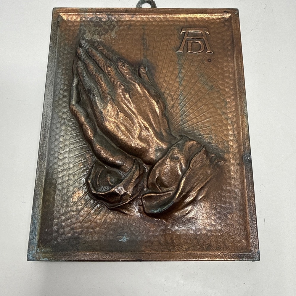 Vintage Albert Durer Praying Hands Brass Prayer Wall Plaque AD Metal 4x5 Patina